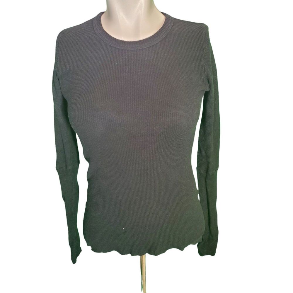 Enza Costa Black Organic Cotton Waffle Knit Henley with Thumb Holes sz XS
